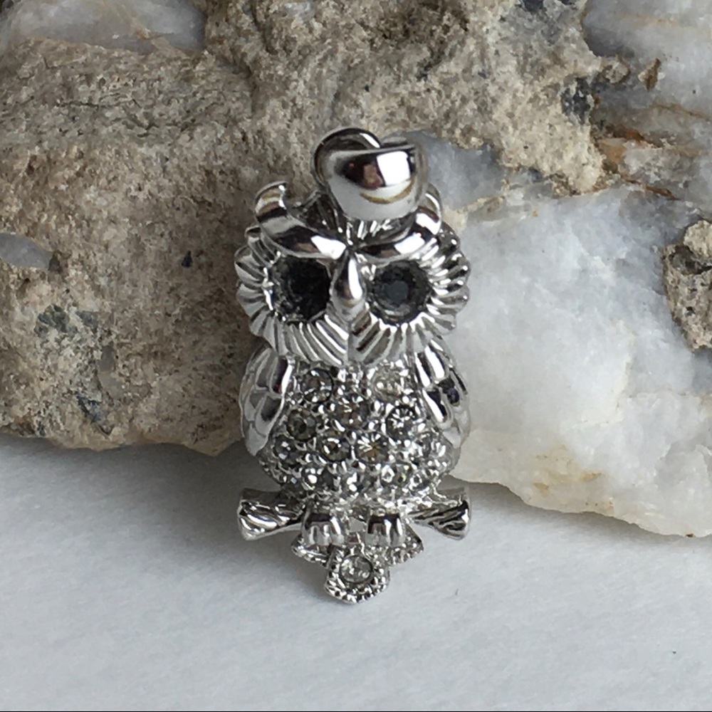 Charming silver style mini rhinestone owl charm 1”